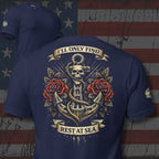Blue t-shirt with anchor and skull design on a distressed American flag background