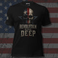 American flag skull over a star with Revolution Runs Deep text front print black tee from Infidel Collective