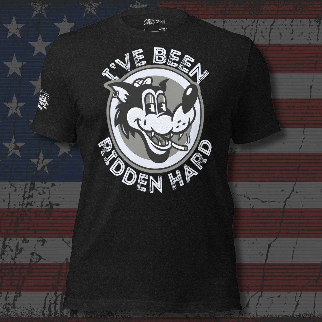 Black t-shirt with graphic design and text on an American flag background