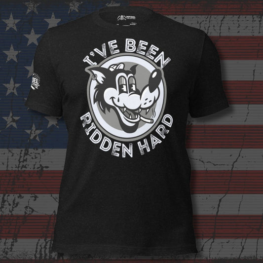 Black t-shirt with graphic design and text on an American flag background