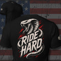 Ride Hard striking cobra back print black tee from Infidel Collective