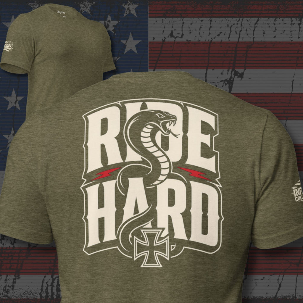 Ride Hard rattlesnake back print olive tee from Infidel Collective