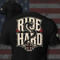 Ride Hard serpent and iron cross back print black tee from Infidel Collective