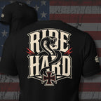 Ride Hard snake iron cross back print black tee from Infidel Collective