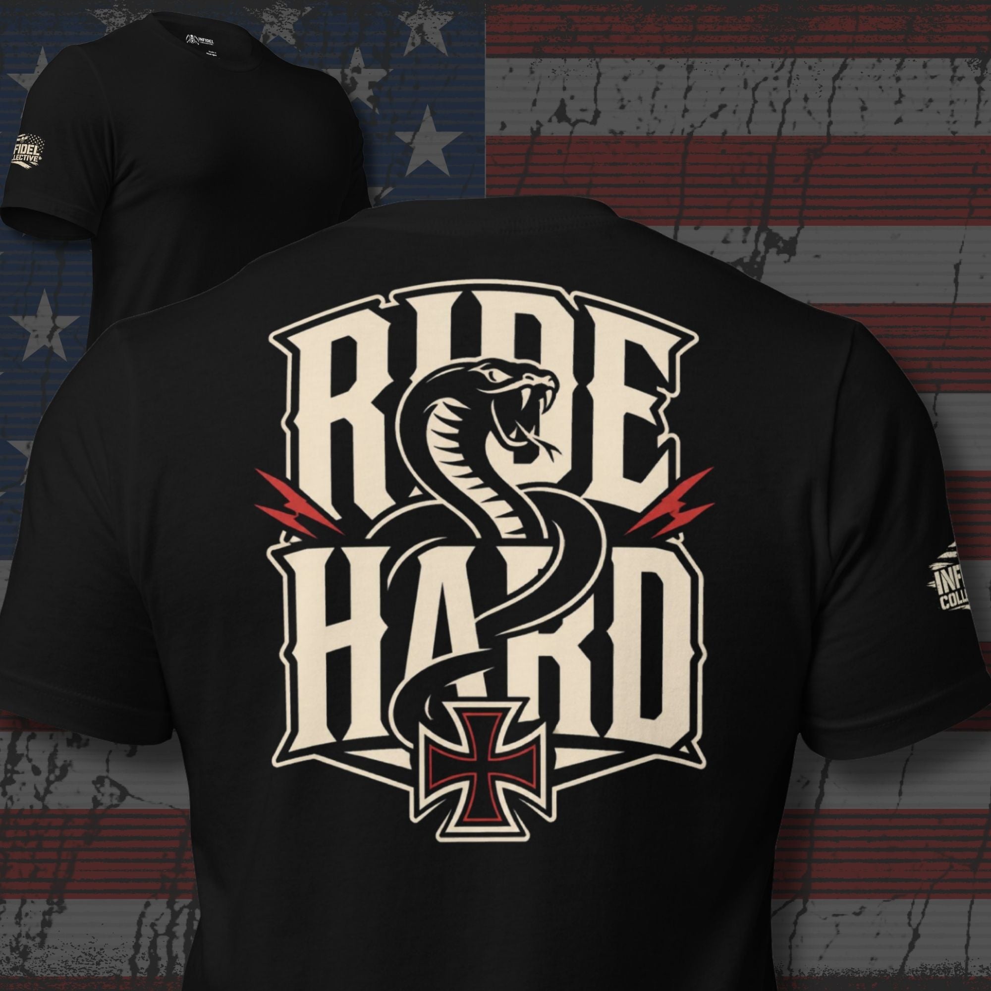 Ride Hard snake iron cross back print black tee from Infidel Collective