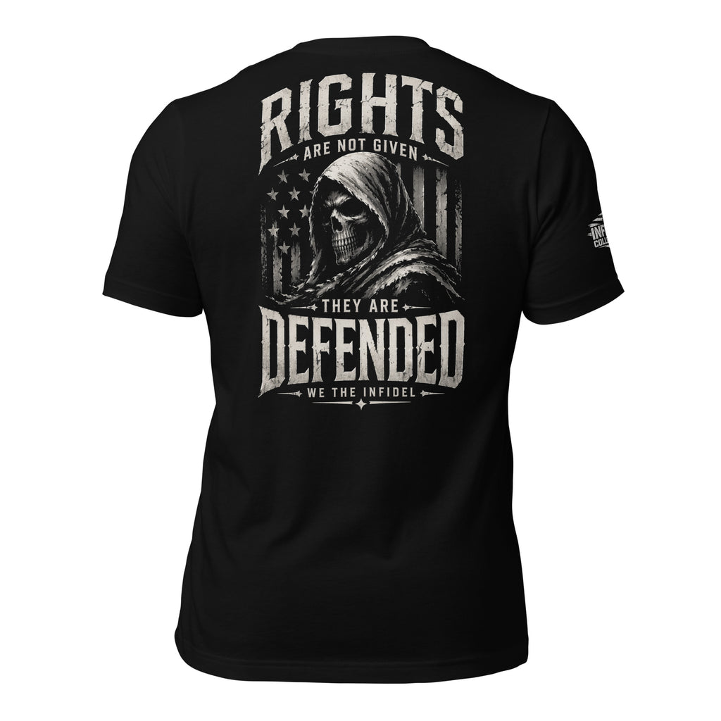 Black t-shirt with a circular design and text on the back, displayed against a white background.