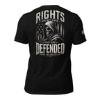 Black t-shirt with a circular design and text on the back, displayed against a white background.