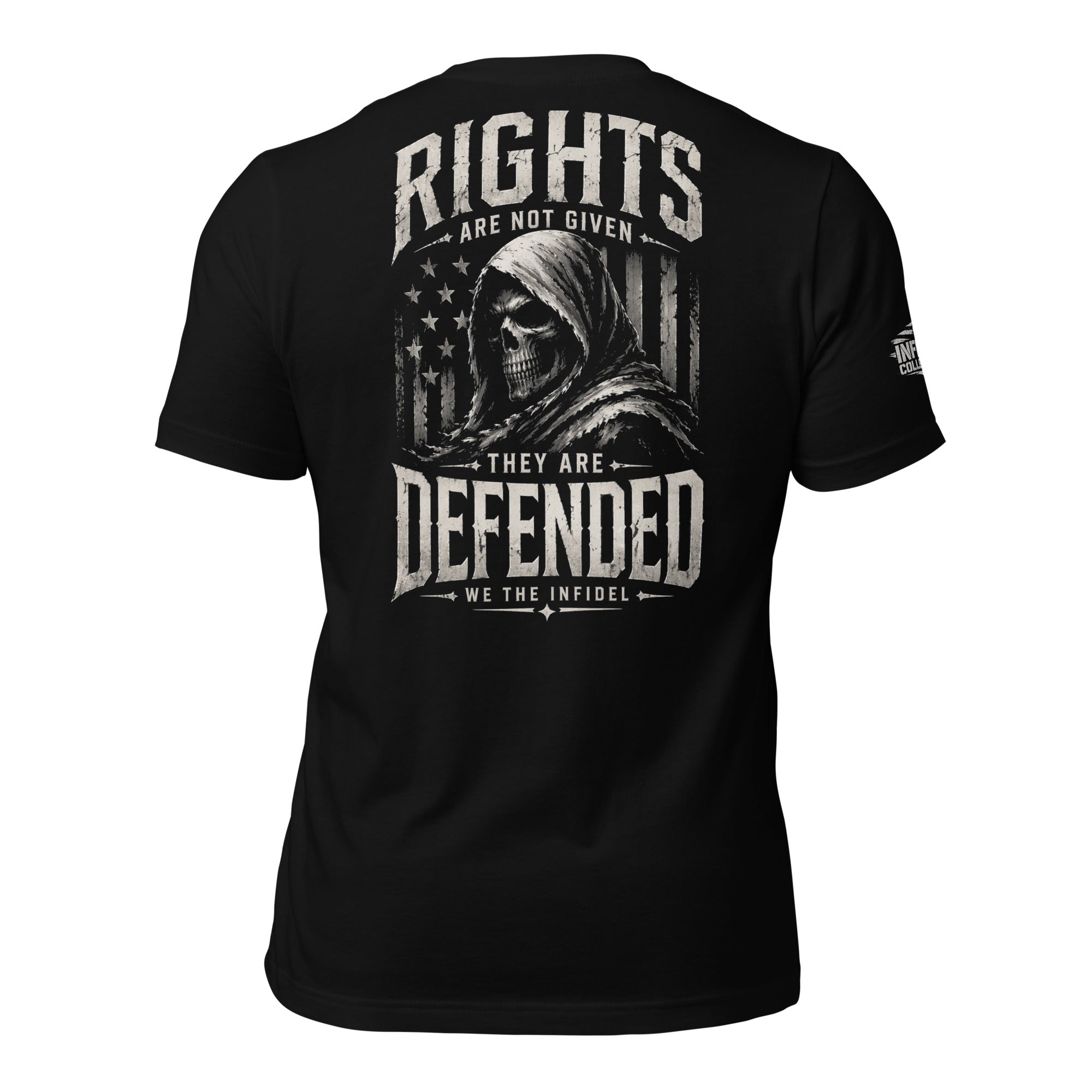 Black t-shirt with a circular design and text on the back, displayed against a white background.