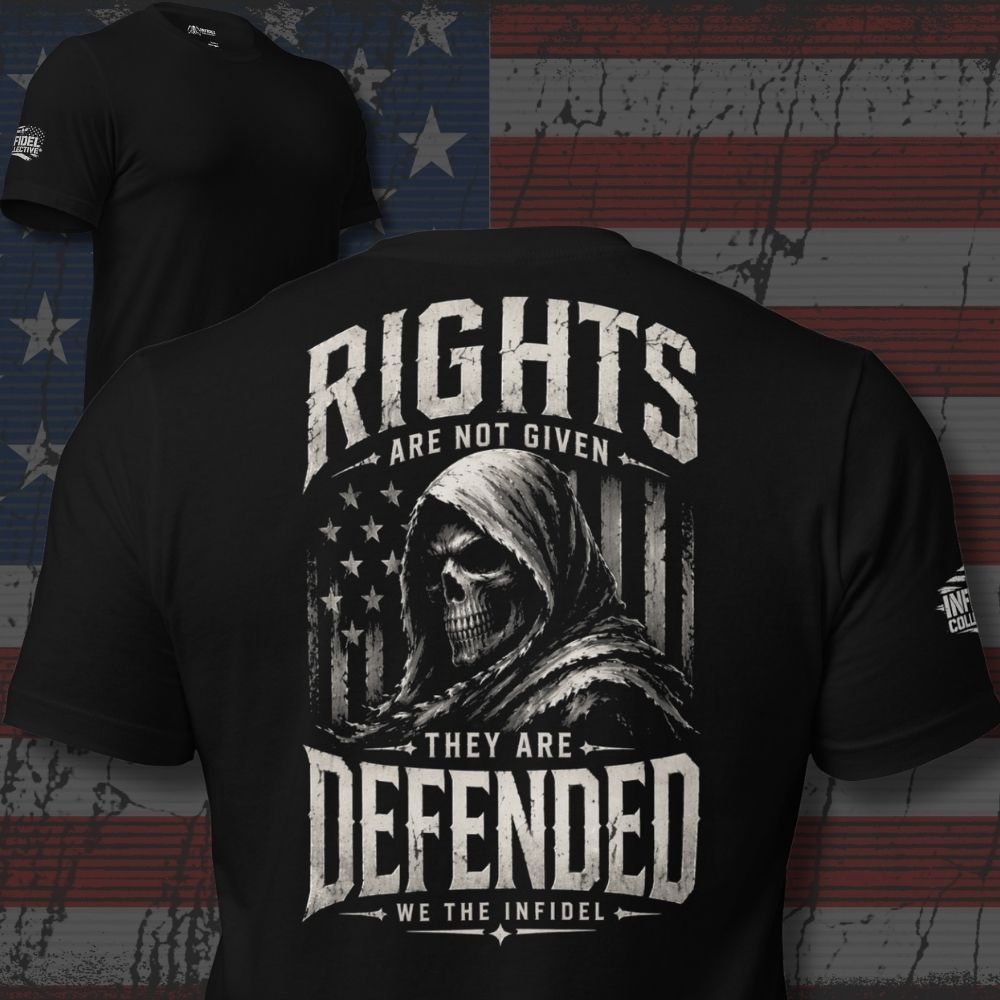 Black t-shirt with a graphic design featuring a skull and text, displayed against an American flag background.