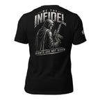 Black t-shirt with American flag and silhouette design on a white background