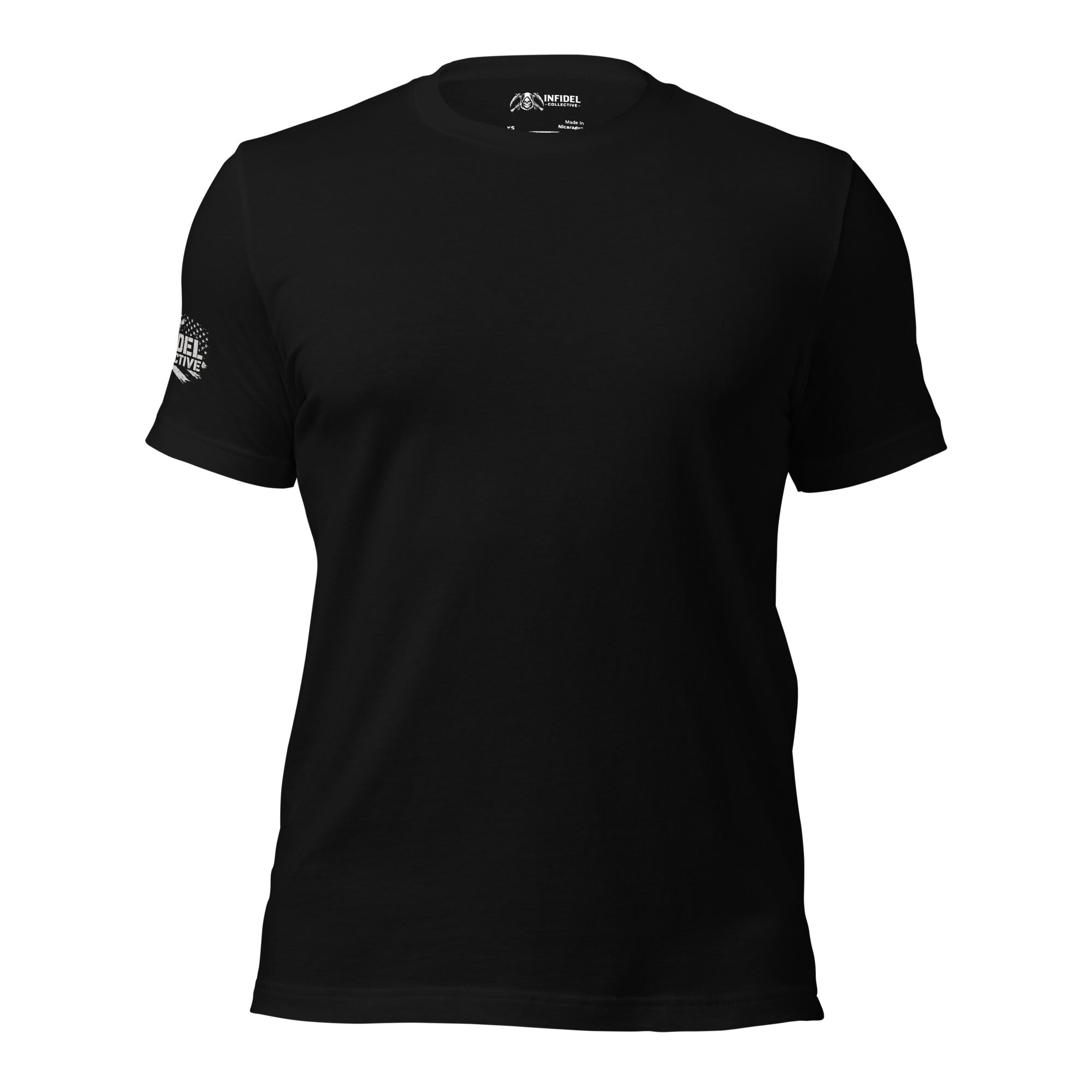 Black t-shirt with a brand logo on a white background