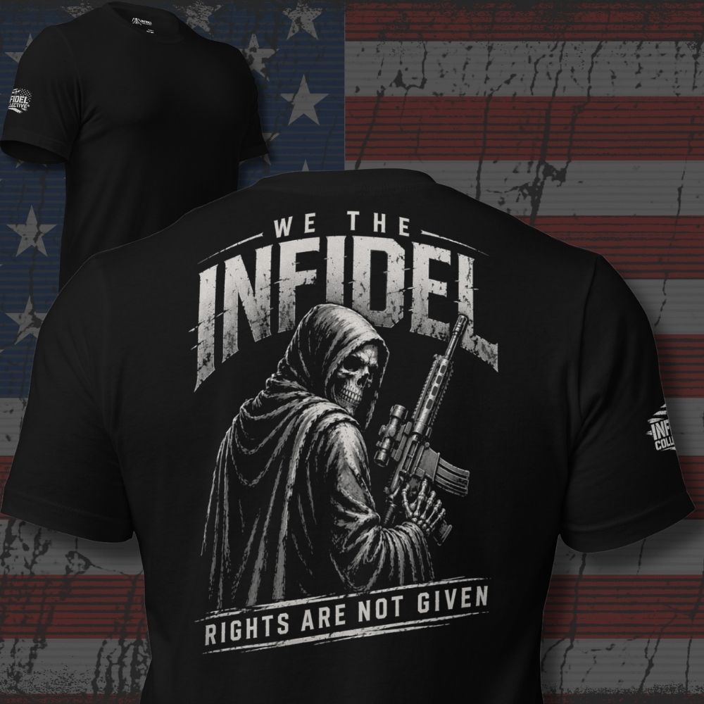 Black t-shirt with 'WE THE INFIDEL' graphic design and text against an American flag background
