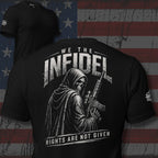 Black t-shirt with 'WE THE INFIDEL' graphic design and text against an American flag background