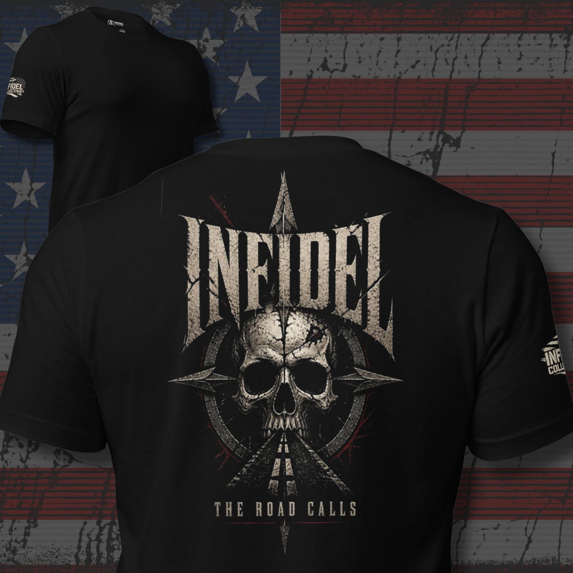Road Calls Infidel skull compass back print black tee from Infidel Collective