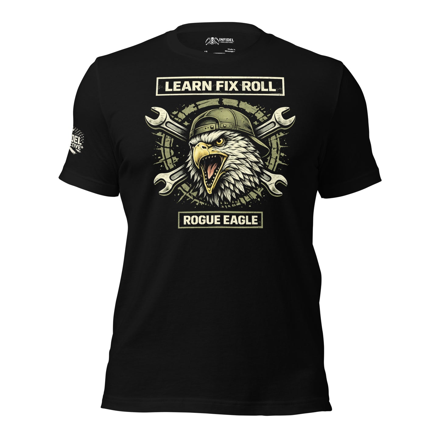 Black t-shirt with 'Learn Fix Roll' text on a white background