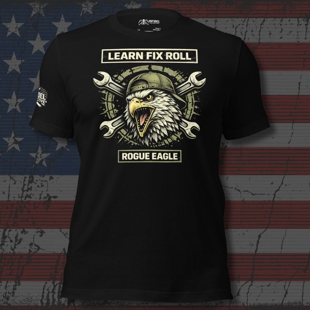 Black t-shirt with an eagle graphic and text on a distressed American flag background