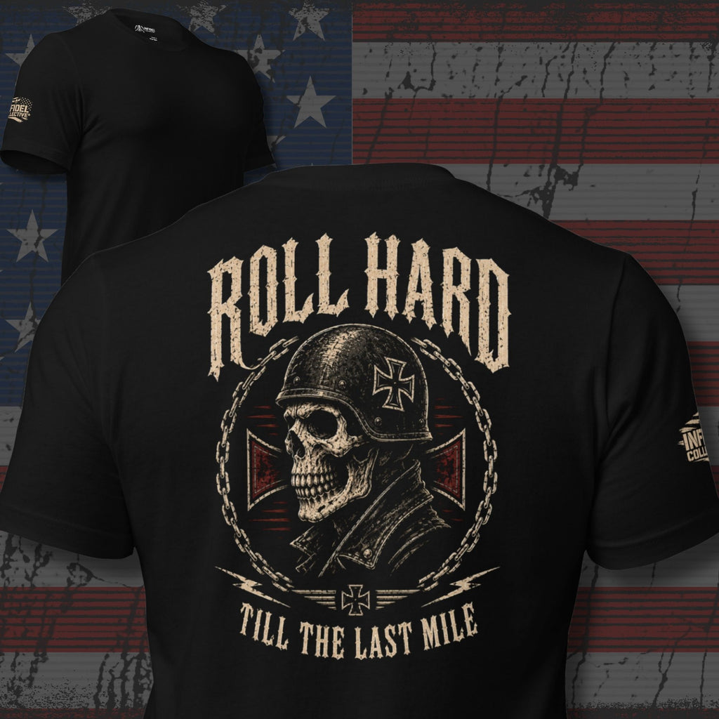 Roll Hard Till the Last Mile skull rider back print black tee from Infidel Collective