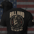 Roll Hard Till the Last Mile biker skull back print black tee from Infidel Collective