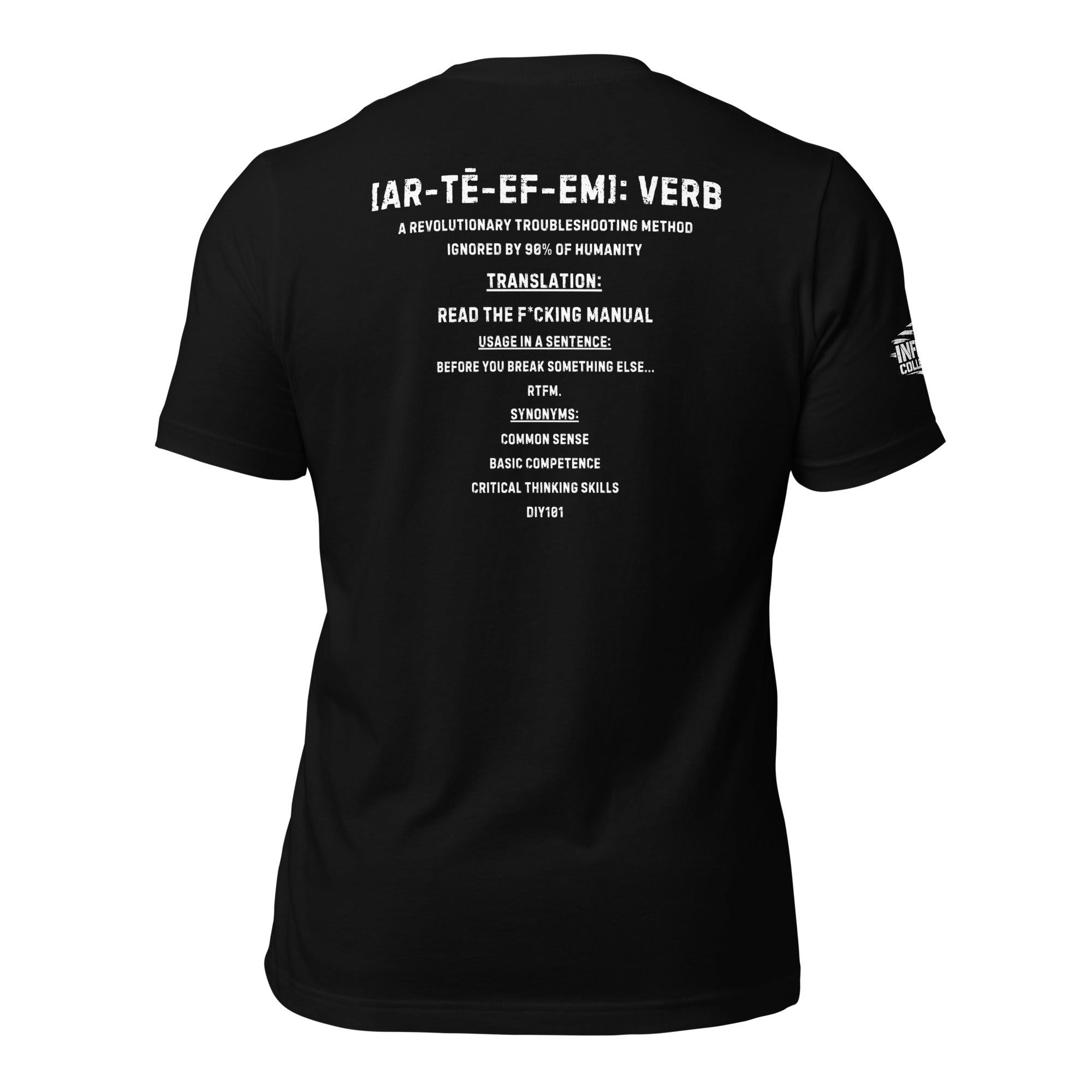 Black front-and-back t-shirt featuring RTFM acronym on the front and a humorous dictionary-style definition explaining Read The F***ing Manual on the back