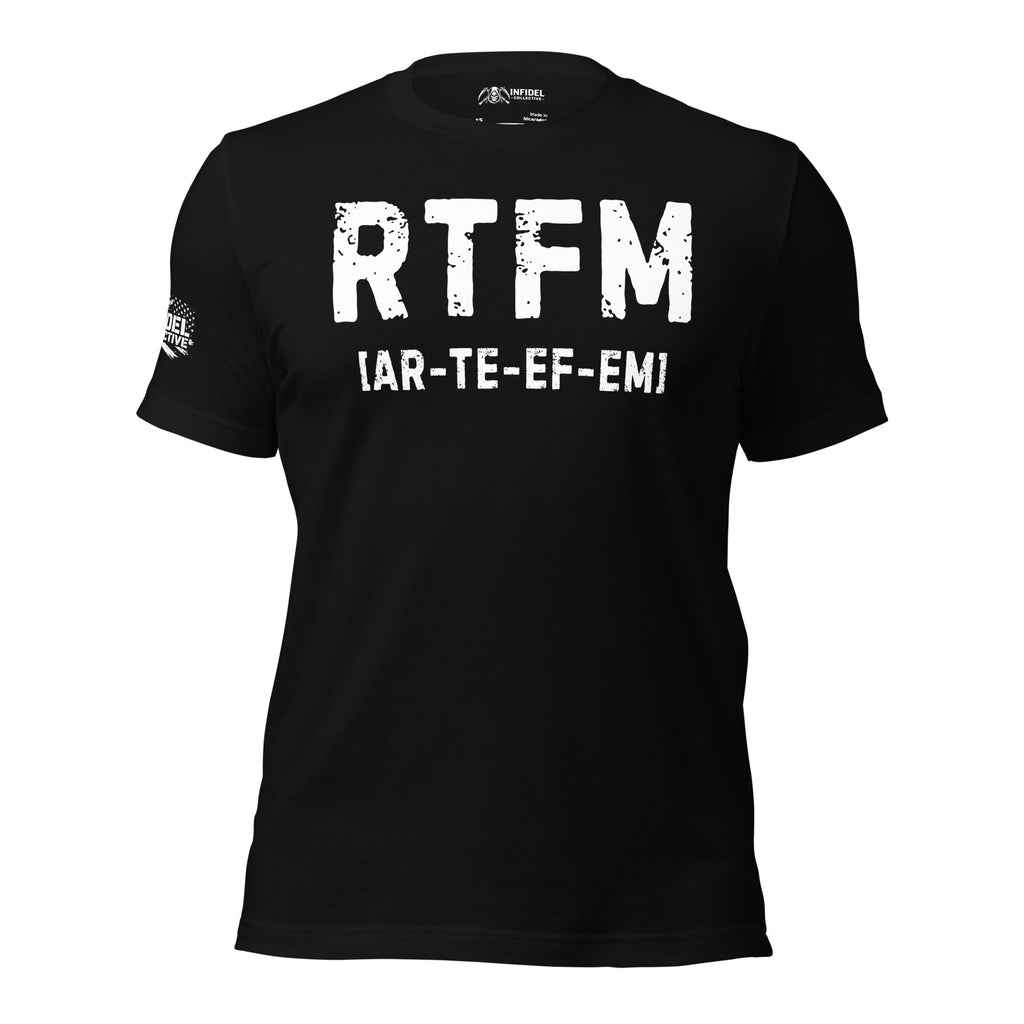 Black front-and-back t-shirt featuring RTFM acronym on the front and a humorous dictionary-style definition explaining Read The F***ing Manual on the back