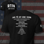 Black front-and-back t-shirt featuring RTFM acronym on the front and a humorous dictionary-style definition explaining Read The F***ing Manual on the back