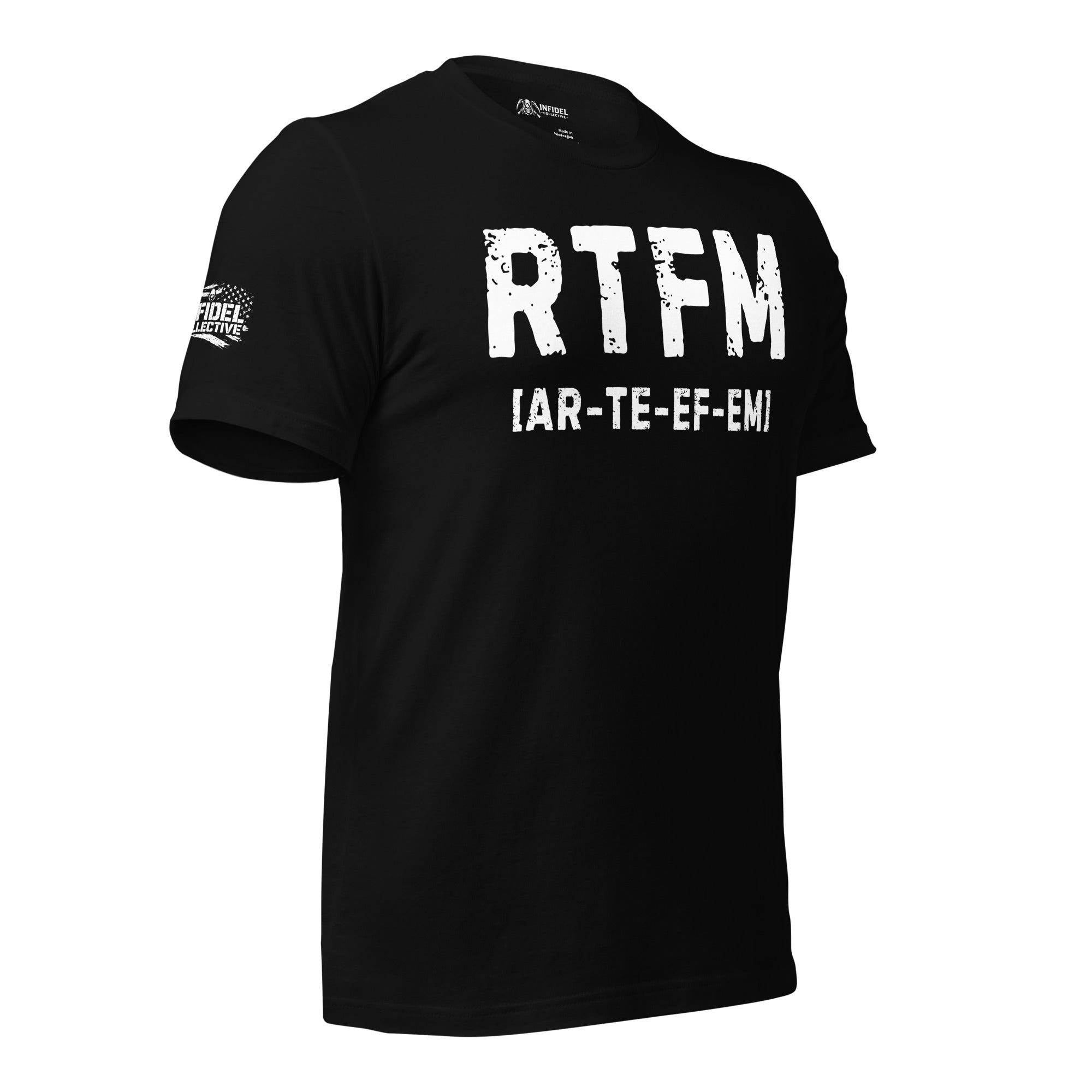 Black t-shirt with 'RTFM' text on a white background