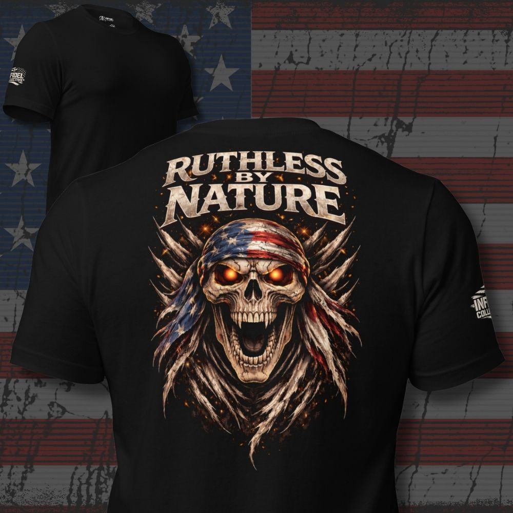 Black t-shirt with a skull design and 'Ruthless by Nature' text on an American flag background