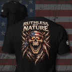 Black t-shirt with a skull design and 'Ruthless by Nature' text on an American flag background