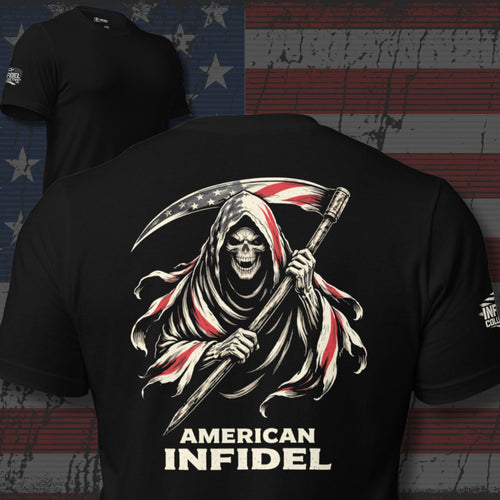 American Infidel smiling reaper with American flag scythe design back print black tee from Infidel Collective