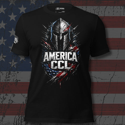 cracked Spartan helmet with America CCL text and red white and blue energy front print black tee from Infidel Collective