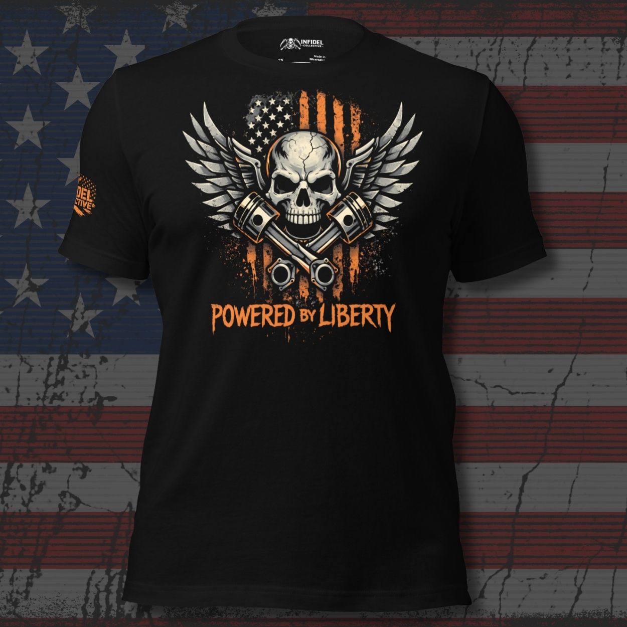 Black t-shirt with skull and crossbones design on an American flag background