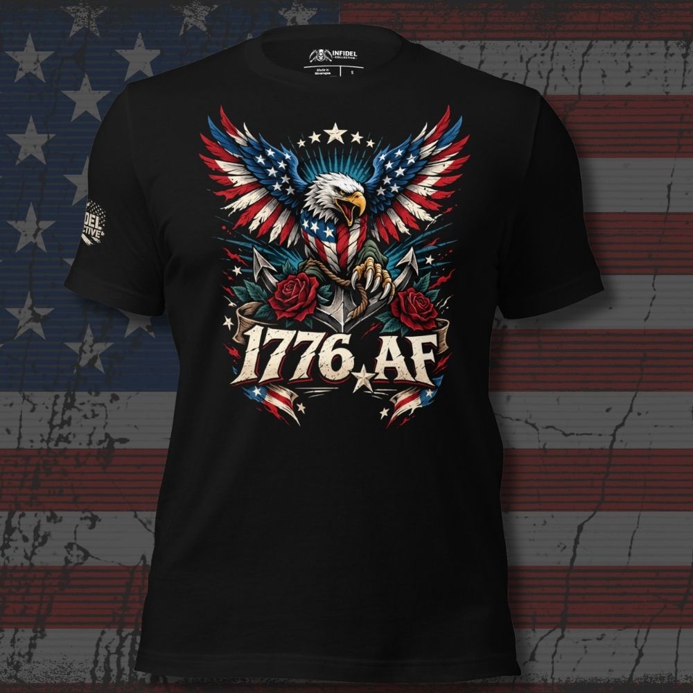 Black t-shirt with an eagle design featuring American flag colors on a textured American flag background.