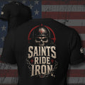 Saints Ride Iron helmeted skull and chain back print black tee from Infidel Collective