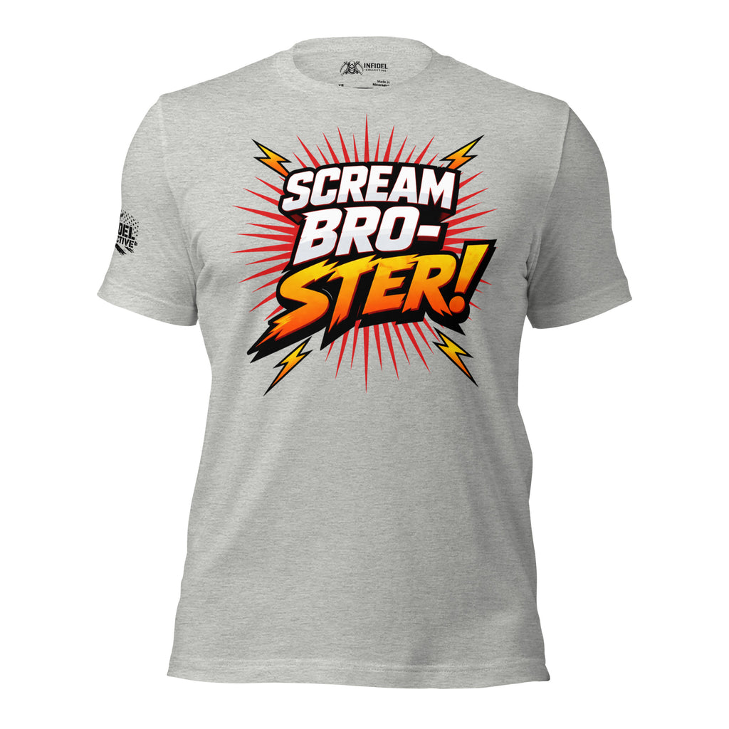 Gray t-shirt with 'Scream Bro-Ster!' graphic design on a white background