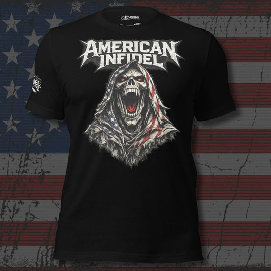 Black t-shirt with 'American Infidel' graphic design on a textured American flag background