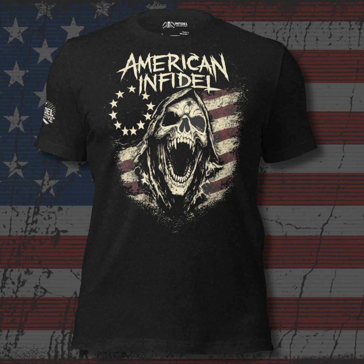 Black t-shirt with 'American Infidel' graphic design on an American flag background