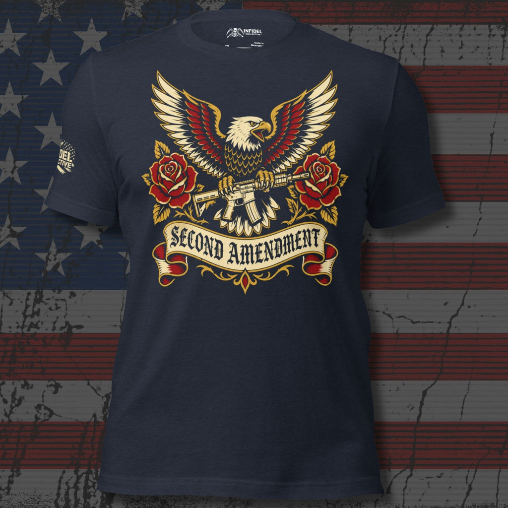 Second Amendment eagle and crossed rifles graphic heather navy tee from Infidel Collective