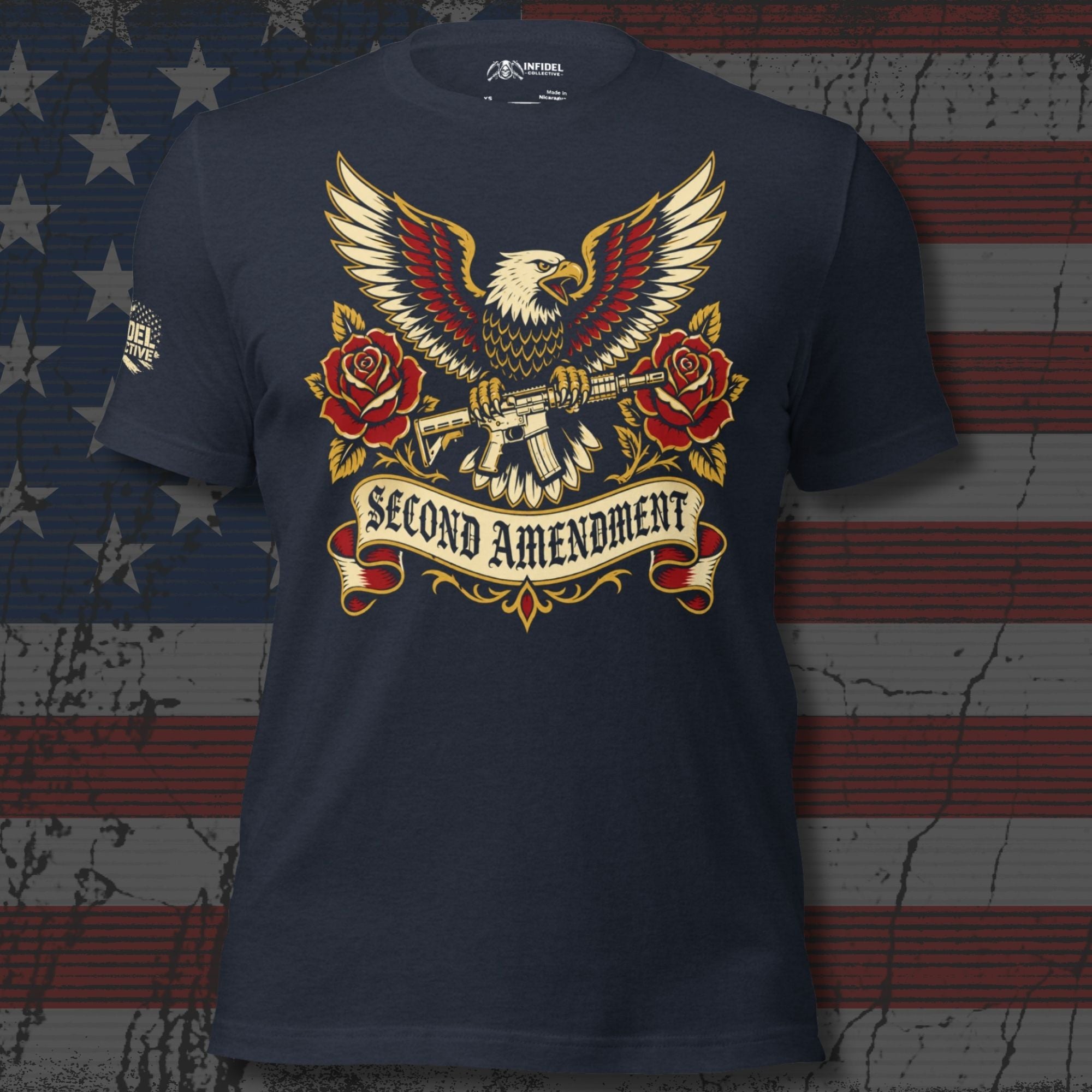 Second Amendment eagle and crossed rifles graphic heather navy tee from Infidel Collective