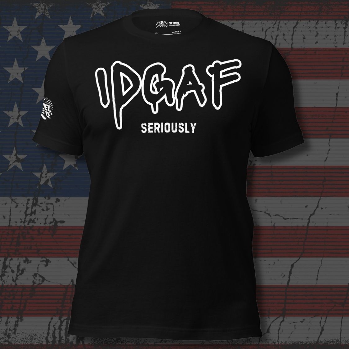 Black tee with IDGAF Seriously front print in white graffiti-style lettering
