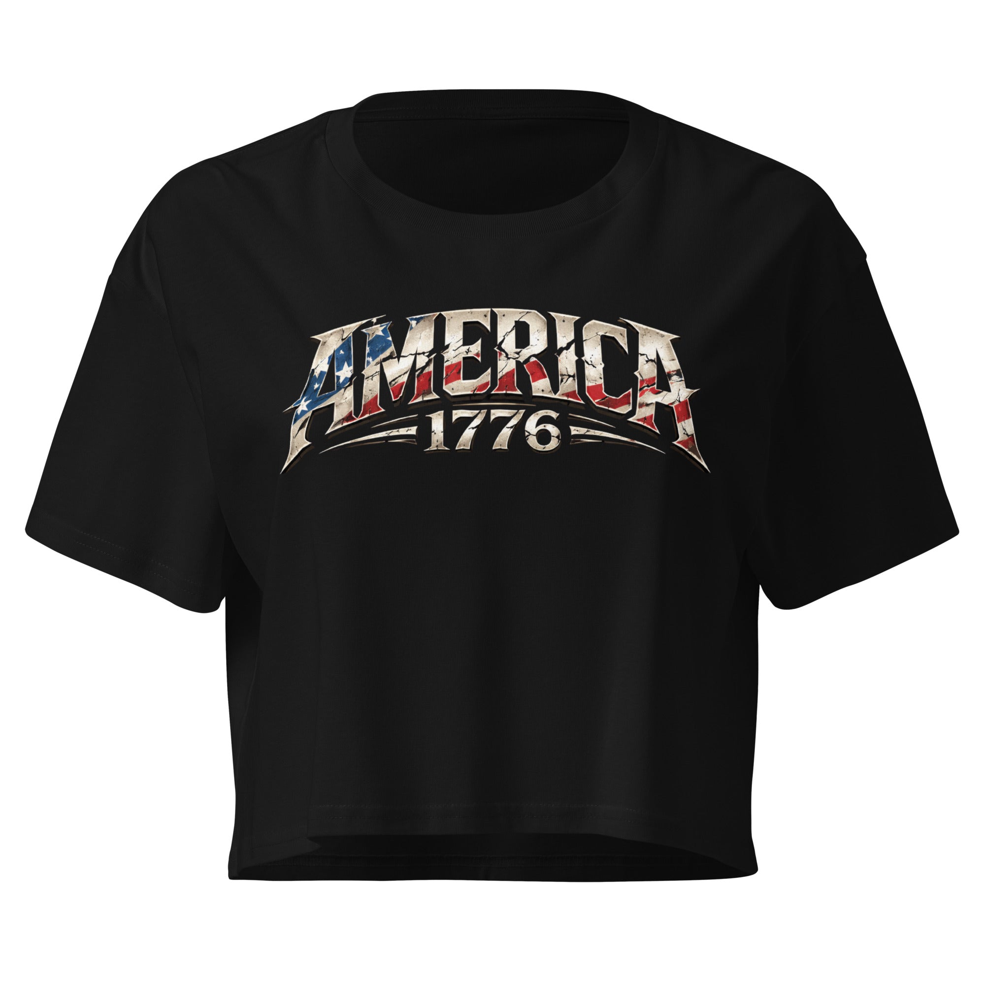 Black crop top with 'America 1776' graphic design on a white background