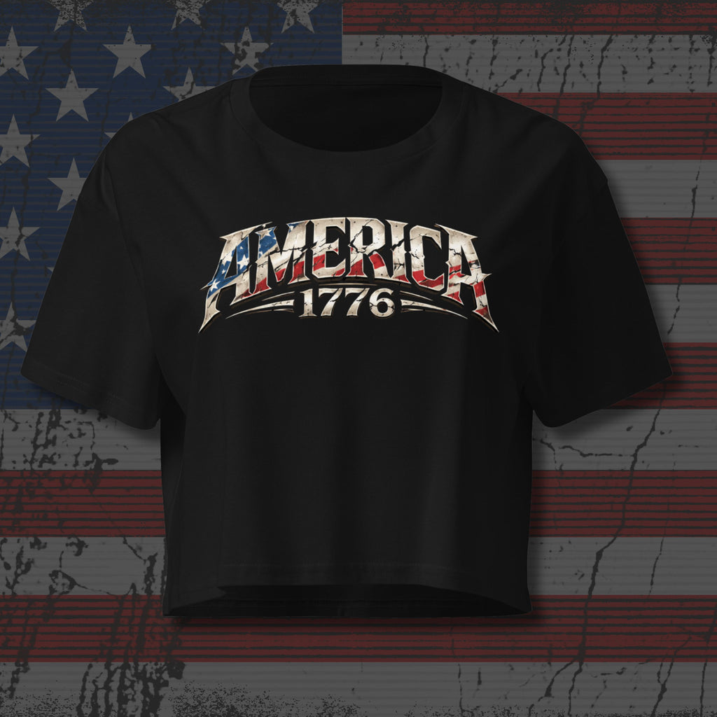 Black t-shirt with 'AMERICA 1776' design on a distressed American flag background