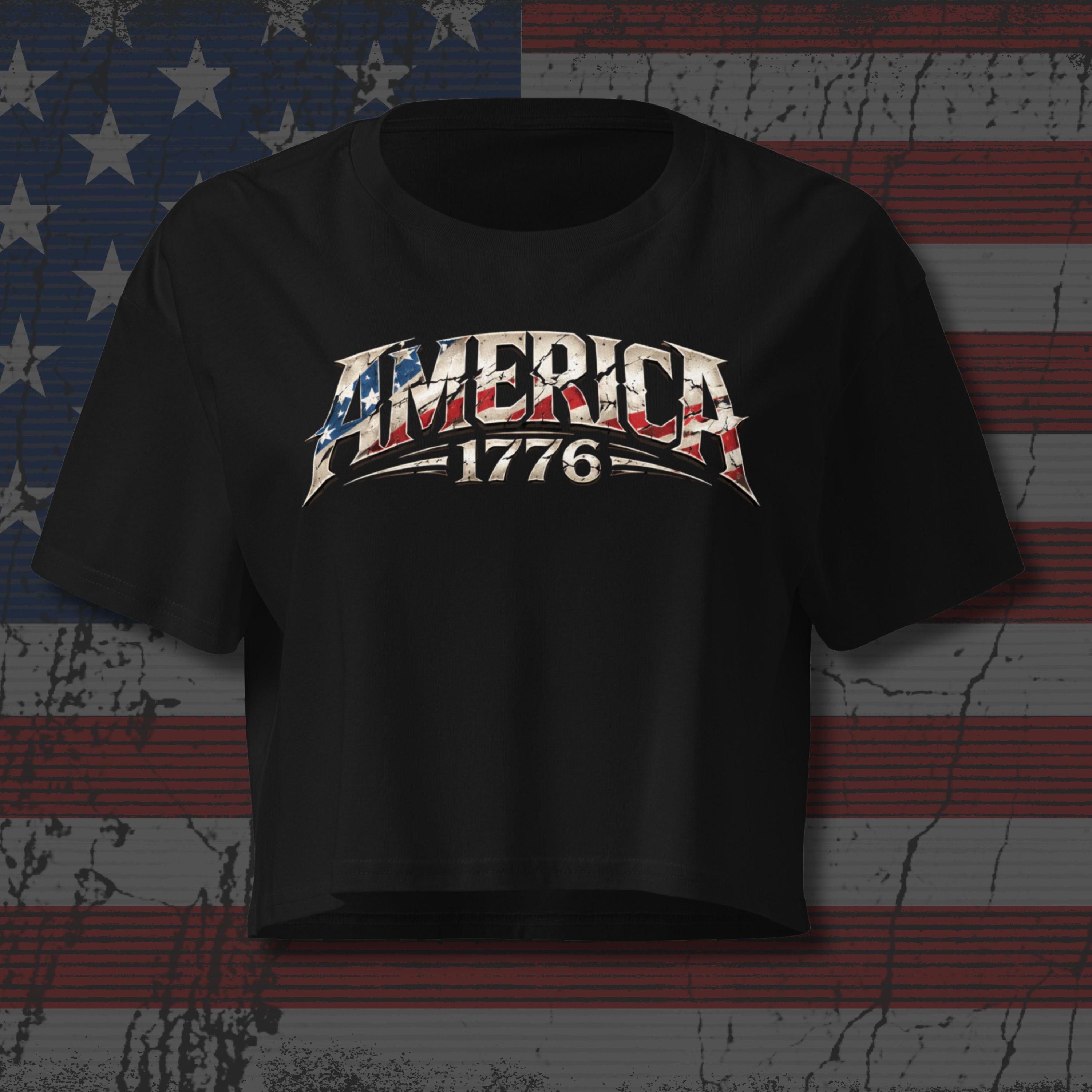 Black t-shirt with 'AMERICA 1776' design on a distressed American flag background