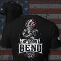 She Don't Bend serpent Liberty torch back print black tee from Infidel Collective