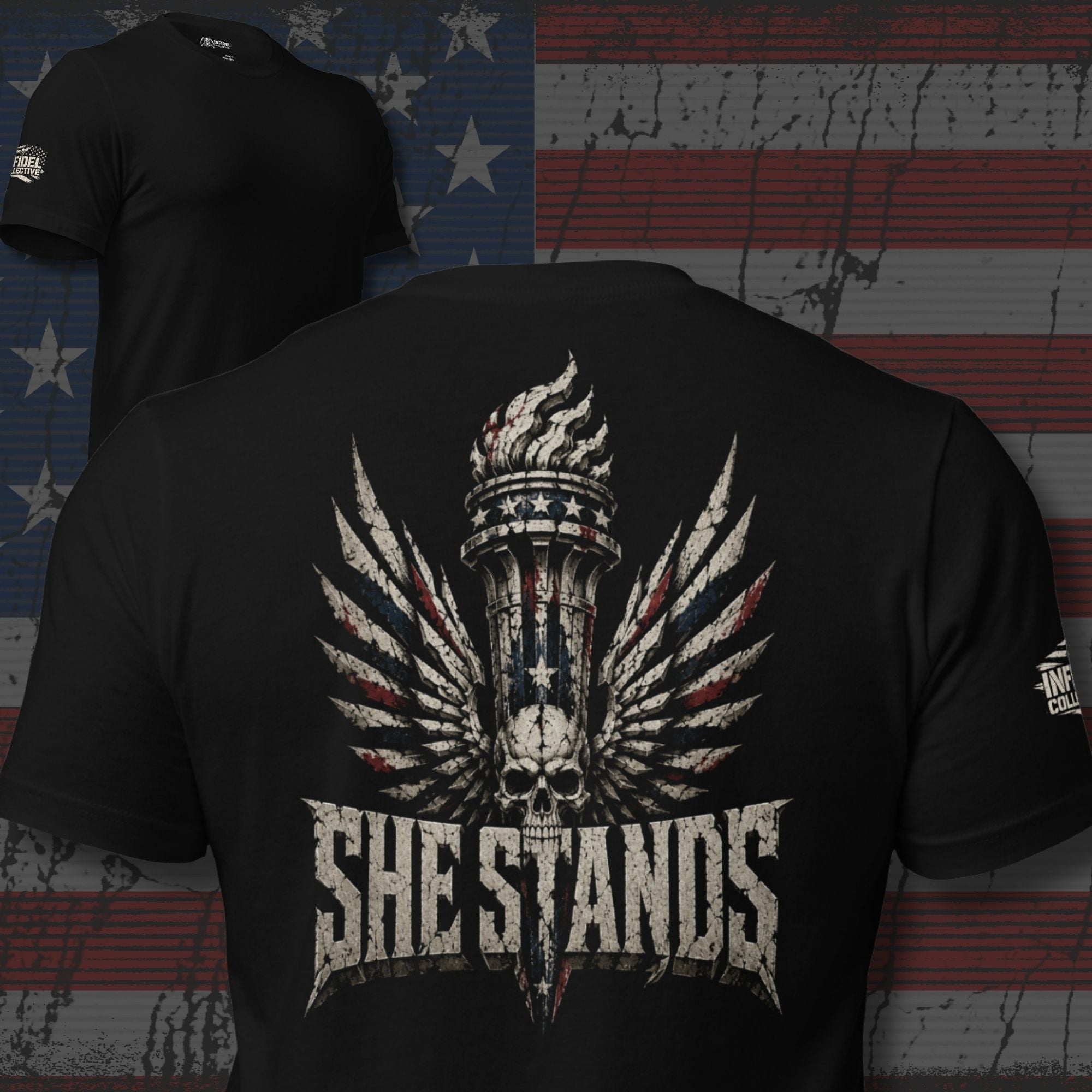 She Stands women liberty torch skull graphic black tee from Infidel Collective