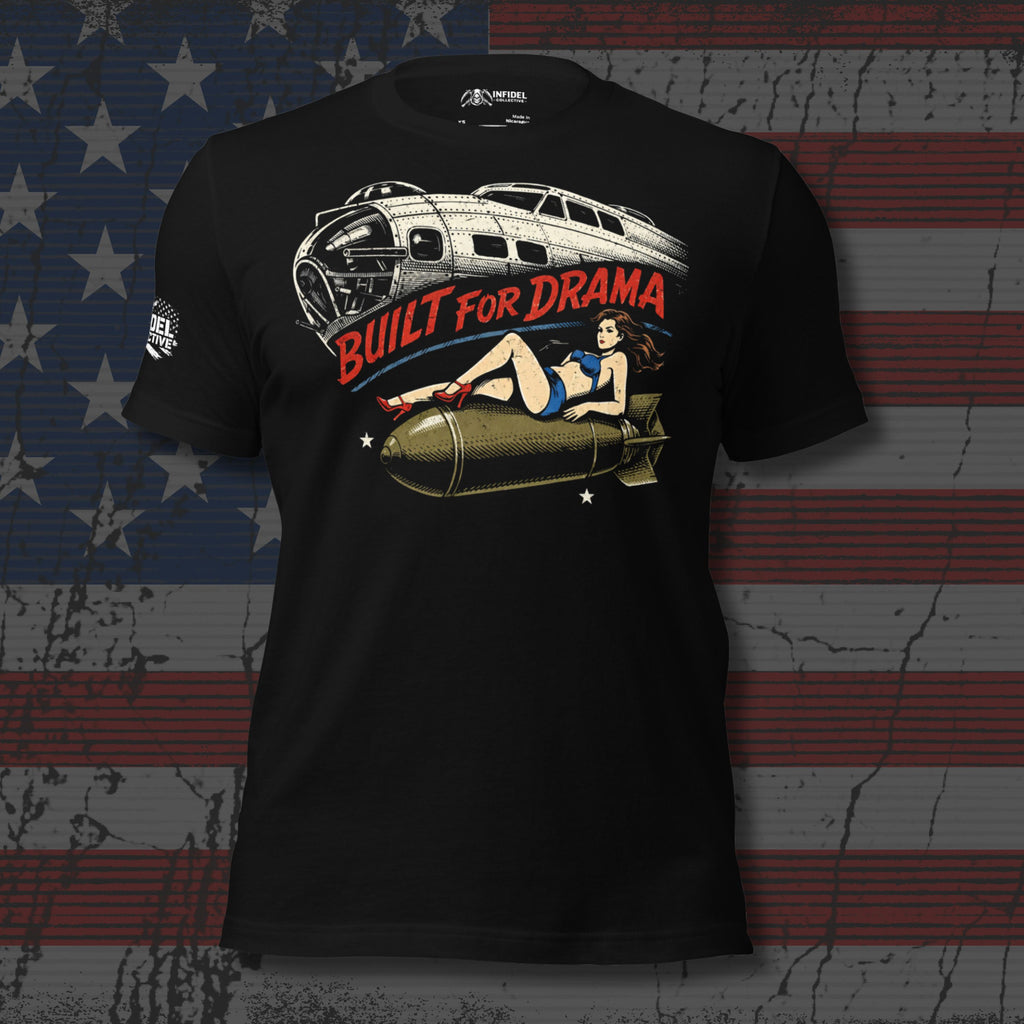 Black front print t-shirt featuring a vintage bomber aircraft, pin-up girl riding a bomb, and the phrase Built For Drama