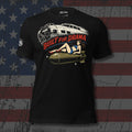Built for Drama bomber pinup riding a bomb front print black tee from Infidel Collective