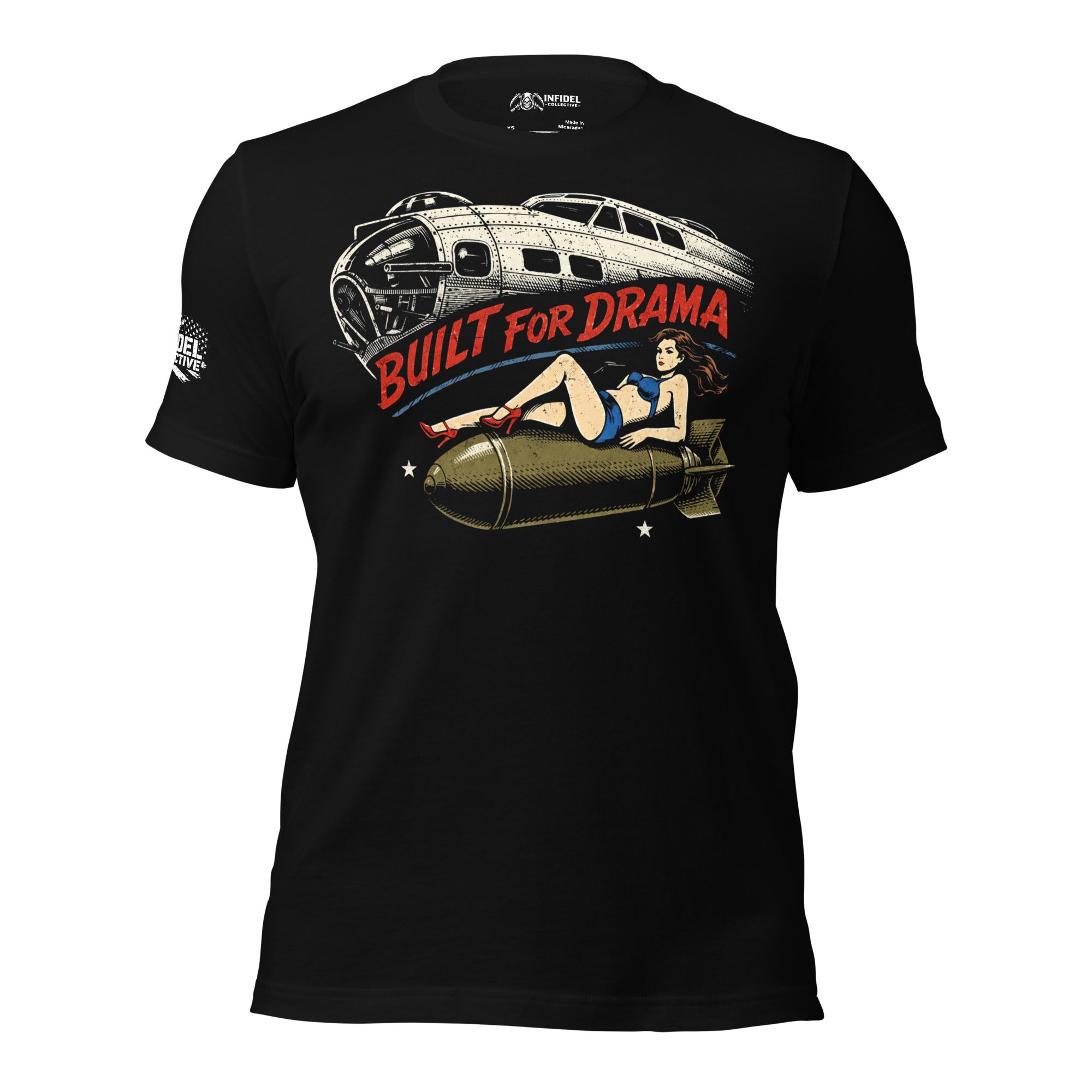 Black t-shirt with graphic design featuring a woman, airplane, and text 'Built for Drama' on a white background.