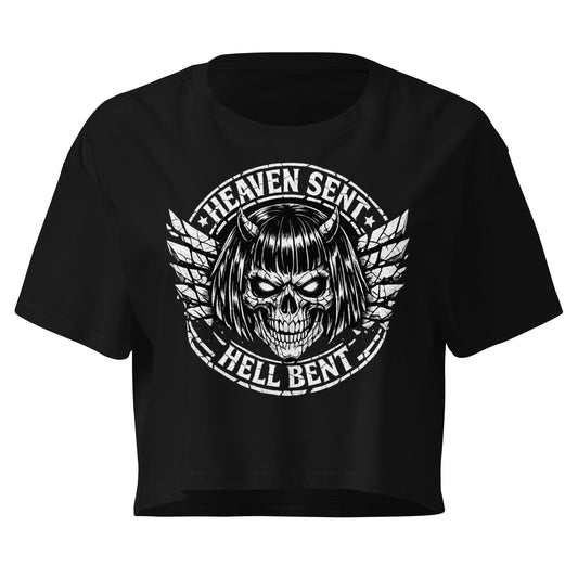 Black t-shirt with a skull design and 'Heaven Sent, Hell Bent' text on a white background