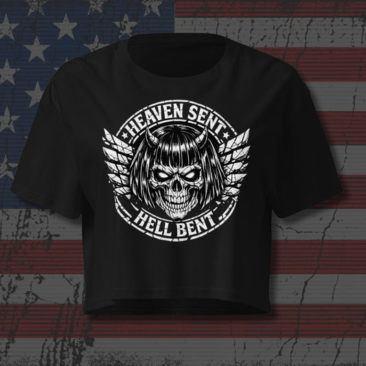 Black t-shirt with a skull design and 'Heaven Sent, Hell Bent' text on an American flag background.