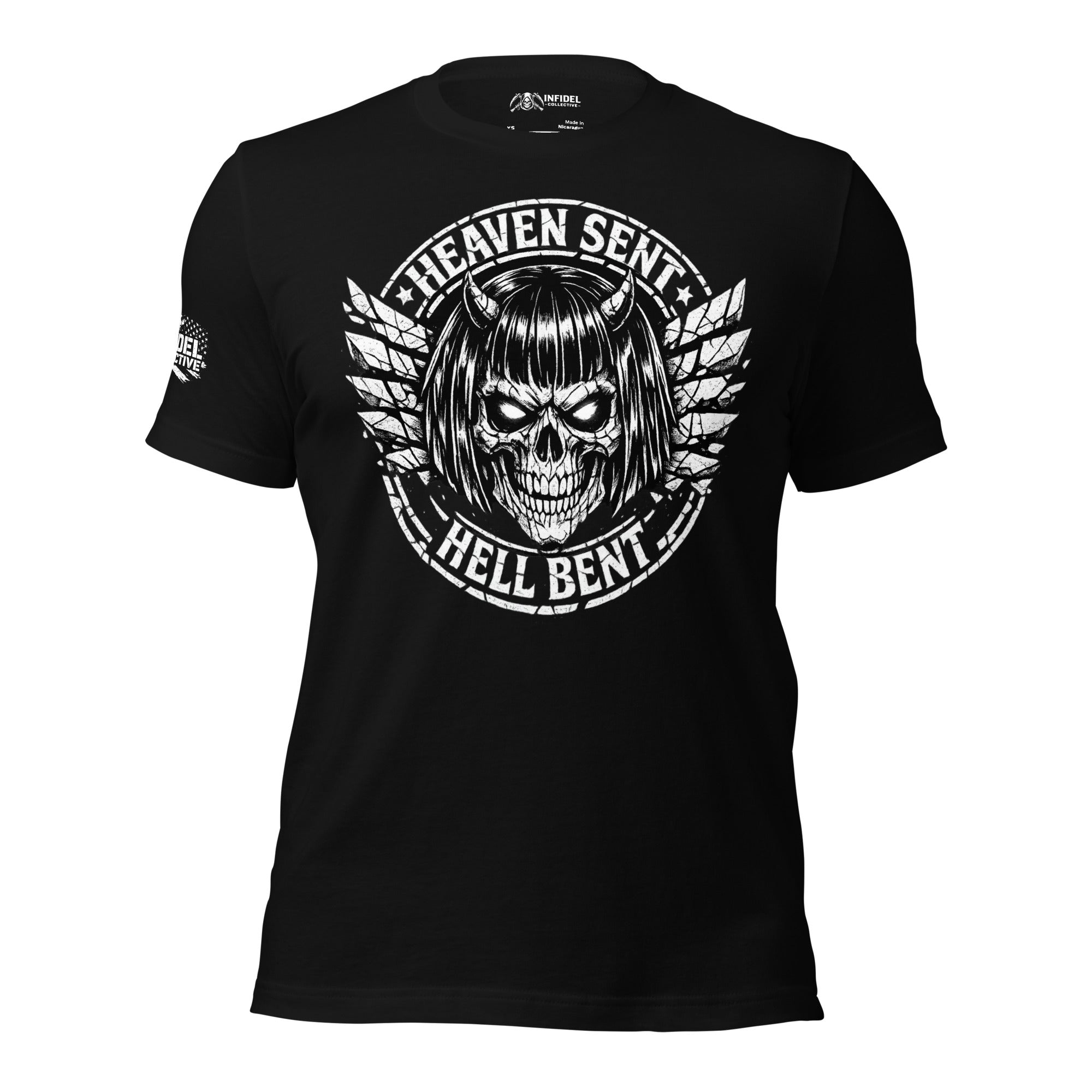 Black t-shirt with blue graphic design and text on a white background